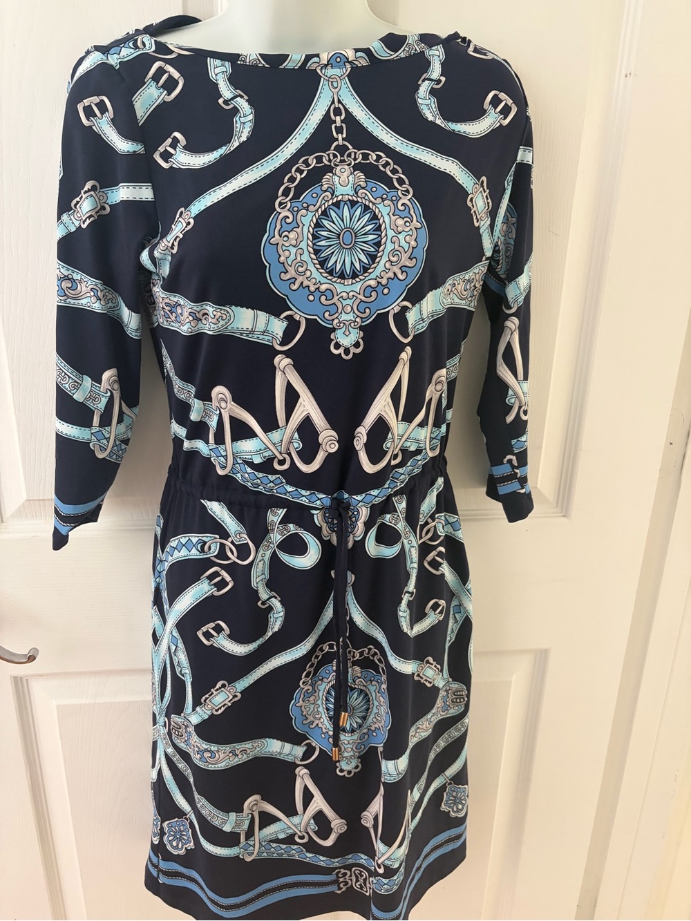 Fabulous J.Mc Laughlin Navy/ Silver/ Light Blue Versace style print dress.